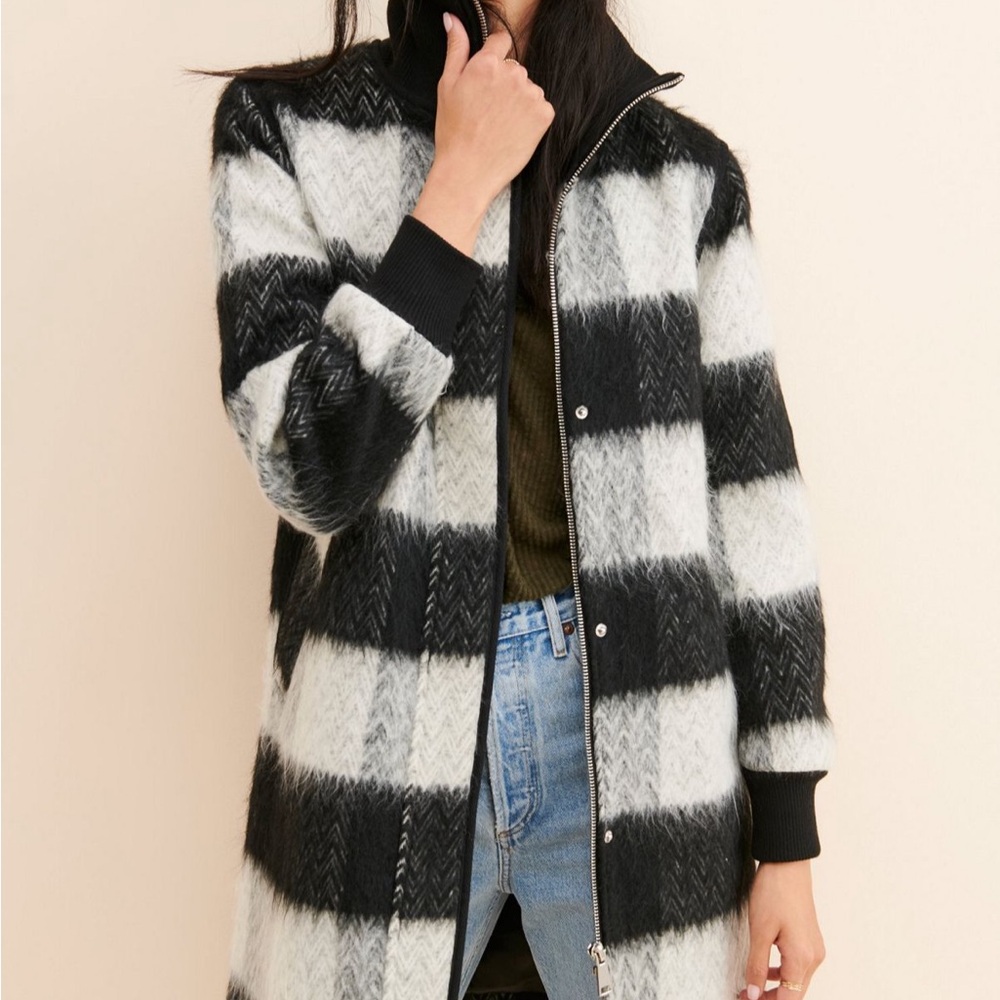 NVLT Wool-Blend Coat. Black/white stripe. Brushed wool. Size small